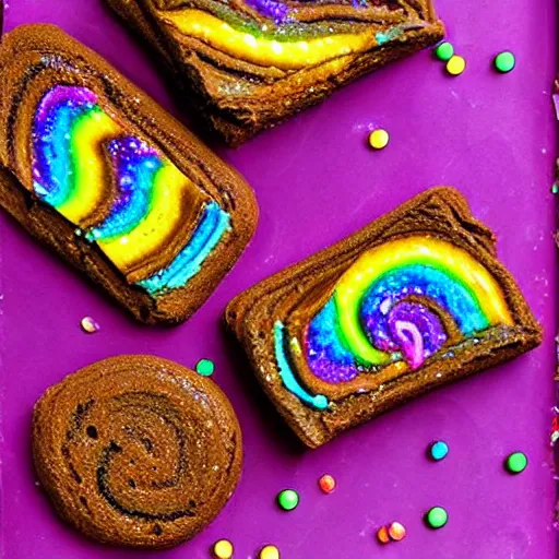 Image similar to cosmic brownie. cookbook photo. bismuth frosting, precious gemstones