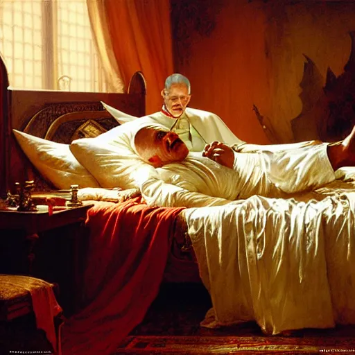 Prompt: the pope is in his bed, nervous and terrified, because a double horned shadow demon from hell lingers across the bed. highly detailed painting by gaston bussiere, j. c. leyendecker, greg rutkowski, craig mullins 8 k