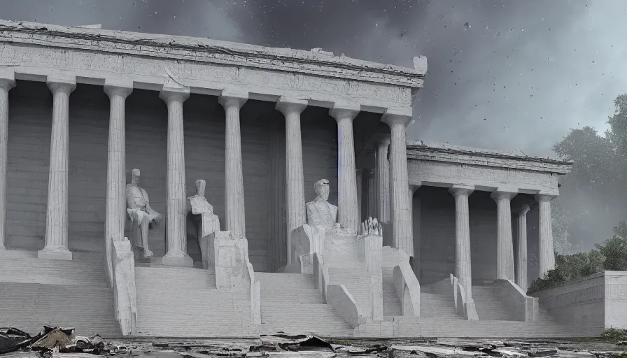 Image similar to destroyed lincoln memorial, hyperdetailed, artstation, cgsociety, 8 k