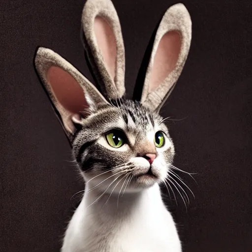 Prompt: high quality studio portrait of a cat with floppy bunny ears