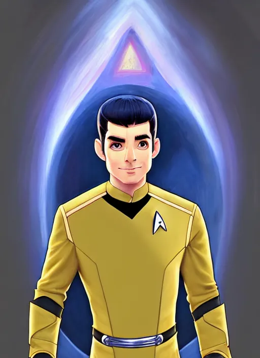 Image similar to cute star trek officer chris mears, natural lighting, path traced, highly detailed, high quality, digital painting, by don bluth and ross tran and studio ghibli and alphonse mucha, artgerm