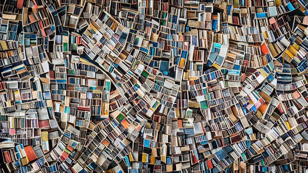 Prompt: professional photograph of a river with books inside of it, aerial view, detailed, dramatic lighting