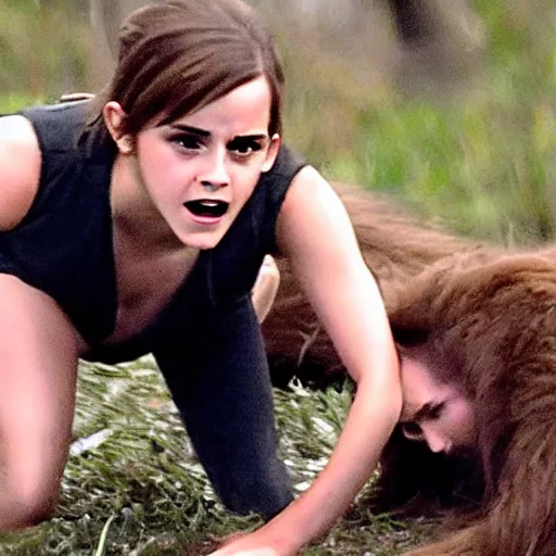 Image similar to emma watson grappling sasquatch to the ground, blurry focus