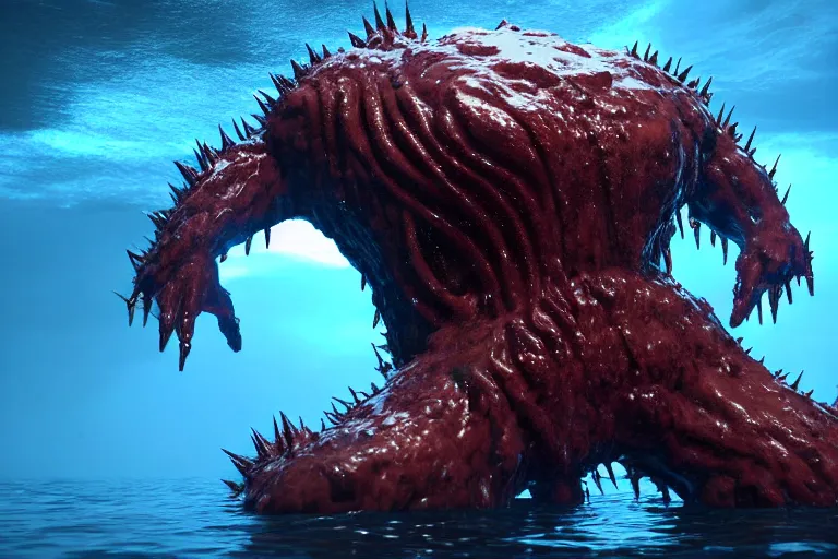 Image similar to huge bulky water creature made out of a humanoid nervous system with large meaty spikes all over the body, cinematic, volumetric lighting, f 8 aperture, cinematic eastman 5 3 8 4 film, photorealistic