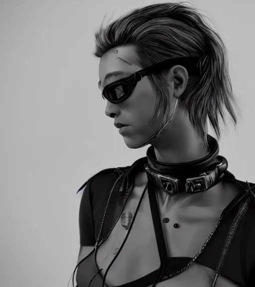 Image similar to detailed realistic female character cyberpunk wearing thick steel collar around neck, realistic, art, beautiful, 4K, collar, choker, collar around neck, punk, artstation, detailed, female, woman, choker, cyberpunk, neon, punk, collar, choker, collar around neck, thick collar, tight around neck, punk, choker