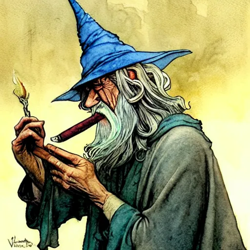 Image similar to a realistic and atmospheric watercolour fantasy character concept art portrait of gandalf with bloodshot eyes giggling and smoking a pipe looking at the camera by rebecca guay, michael kaluta, charles vess and jean moebius giraud