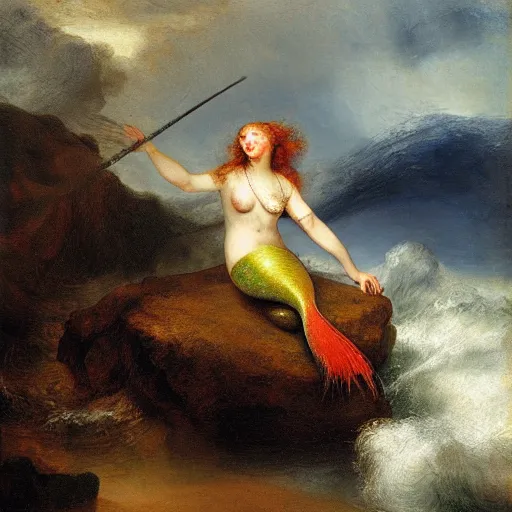 Prompt: mermaid sitting on a rock being lashed by waves and singing, stormy weather, ocean, painting by rembrandt