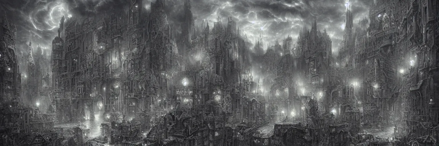 Prompt: grey and silver tones, Marc Simonetti, Mike Mignola, smooth liquid metal with detailed line work, Mandelbrot Fractal, Exquisite detail perfect symmetrical, silver details, hyper detailed, intricate ink illustration, golden ratio, city night, steampunk, smoke, neon lights, starry sky, steampunk city background, liquid polished metal, by peter mohrbacher