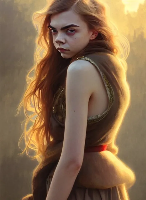 Image similar to half cara delevingne half Anya Taylor-Joy a pure gorgeous seductive angel, full body portrait, slight smile, diffuse natural sun lights, autumn lights, highly detailed, digital painting, artstation, concept art, sharp focus, illustration, art by wlop and greg rutkowski and alphonse mucha and artgerm