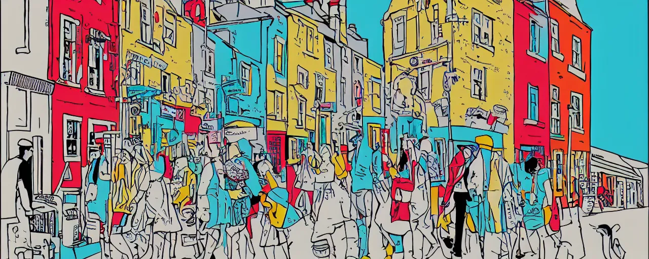 Prompt: a Screen print of street life in kirkwall orkney, flat color, bold shapes, poster