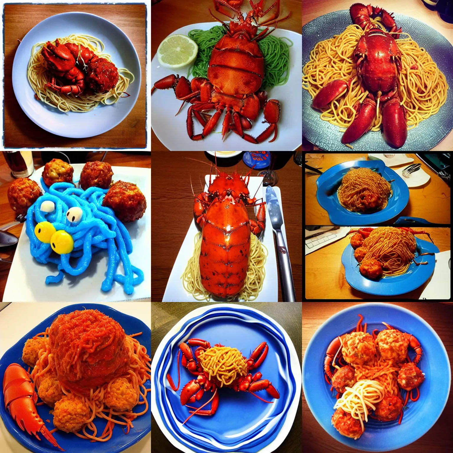 Prompt: “big blue lobster made of spaghetti and meatballs”