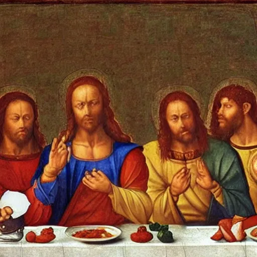 Image similar to the power rangers eating at the last supper with jesus painting by leonardo da vinci