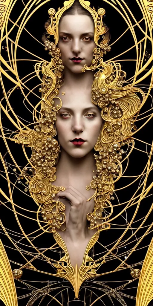 Image similar to the source of future growth dramatic, elaborate emotive Art Nouveau styles to emphasise beauty as a transcendental, seamless pattern, symmetrical, large motifs, 8k image, supersharp, metallic reflective surfaces, glittery iridescent and black colors with gold accents, perfect symmetry, pearlescent, High Definition, sci-fi, Octane render in Maya and Houdini, light, shadows, reflections, photorealistic, masterpiece, smooth gradients, high contrast, 3D, no blur, sharp focus, photorealistic, insanely detailed and intricate, cinematic lighting, Octane render, epic scene, 8K