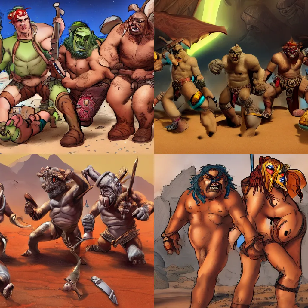 Prompt: orcs fighting dwarfs on mars in swimsuits