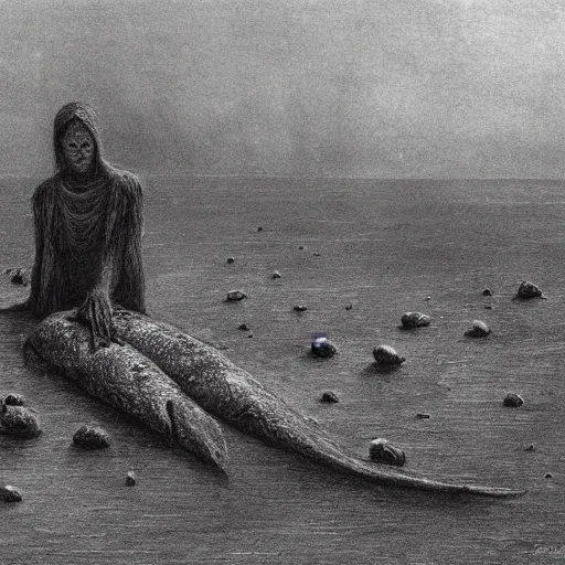 Prompt: decaying salmon on the beach after spawning, eaten by insects, by beksinski, dark vibes, 4 k, ultra realistic, highly detailed.