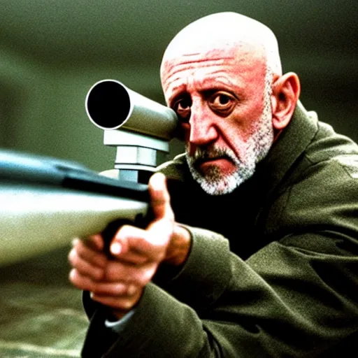 Image similar to Film still of Mike Ehrmantraut aiming with a !!!!!sniper rifle!!!!!, 4k, !!!!highly detailed!!!!