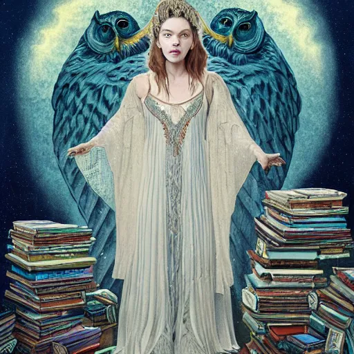 Image similar to a portrait of a older anya taylor - joy as the goddess minerva surrounded by stacks of books, owls, bioluminescent gown with deep level of detail of esoteric symbols, urban motifs, intricate, elegant, highly detailed, digital painting, trending on artstation, smooth sharp focus, illustration, art by artgerm and greg rutkowski