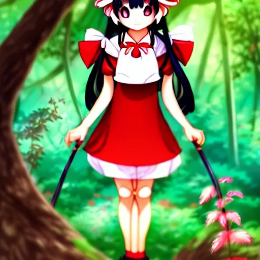 Prompt: an illustration of reimu in the jungle wearing bonnet