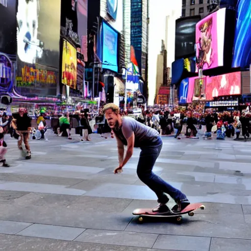 Image similar to a high quality detailed picture of ryan reynolds riding a skateboard in times square, detailed, dslr up close picture