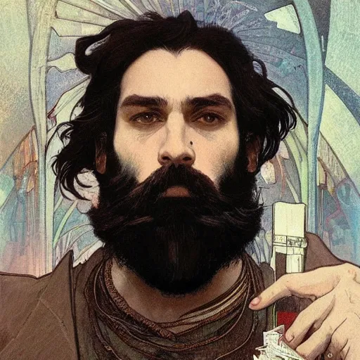 Image similar to portrait of a man with black hair and beard, looking directly into the camera, background is complete chaos, sharp focus, illustration, art by greg rutkowski and alphonse mucha''