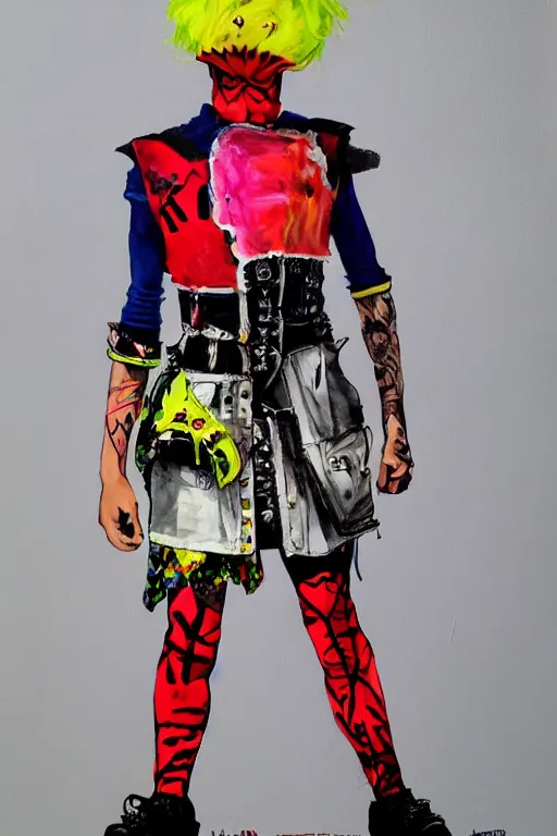 Image similar to a male character wearing a diy! costume dress, punk, with fluo colored details and a transparent helmet, full body, muted colors, vivienne westwood, nausicaa, hyper real acrylic painting