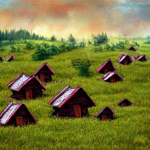 Prompt: A herd of baba yaga houses grazing in a field