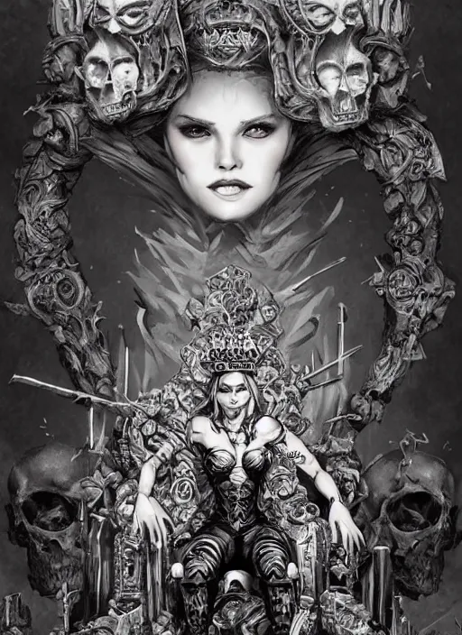 Image similar to the ruined queen sitting on a throne made of skulls, concept art, digital illustration, trending on artstation, deviantart, artgerm, epic composition, masterpiece, highly detailed, perfect face, realistic face, wlop, ross draws