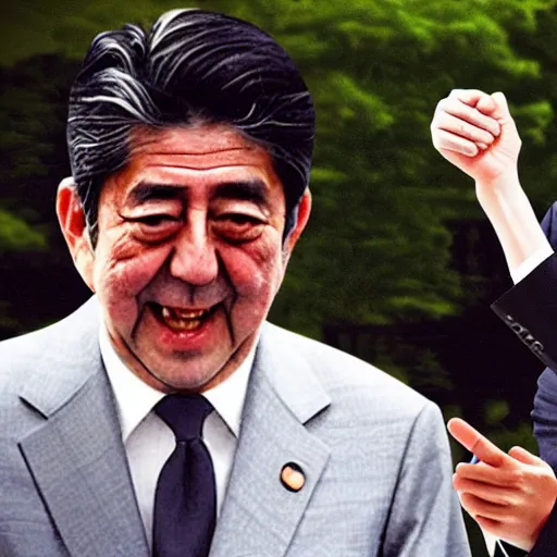 Image similar to shinzo abe and jfk point and laugh at each other in hell, photo style