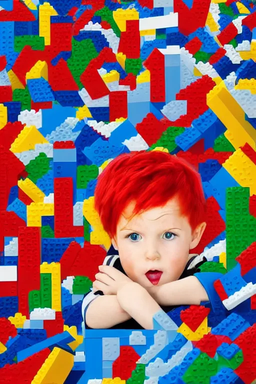 Prompt: a little cartoon boy with red hair builds a tower out of lego. clean elegant pretty cartoon painting, beautiful detailed face, soft outlines.