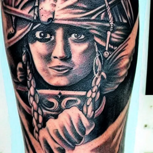 Image similar to A pirate ship tattoo design in the style of Dmitriy Samohin, hyper realistic tattoo