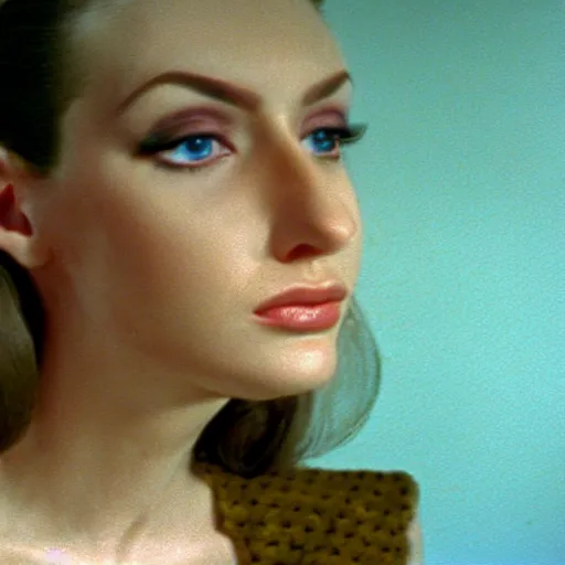 Image similar to glamorous woman with a nostril face, long snout, 1974 arthouse film, archival footage, technicolor film