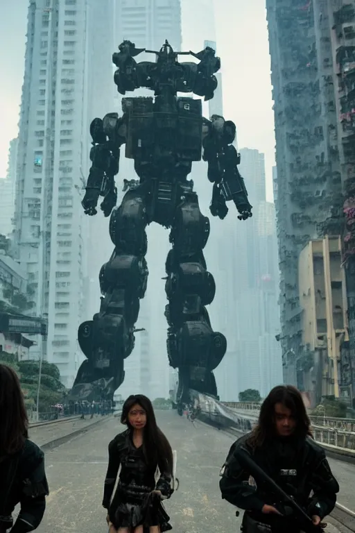 Prompt: portrait cinematography of beautiful young female, clothed in sci-fi military armor, long hair blowing in the wind. Giant mechs in the streets of Hong Kong. by Roger Deakins