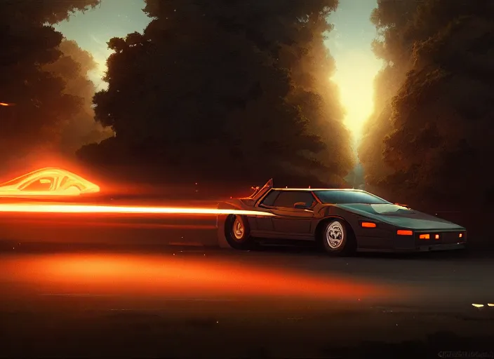 Image similar to detailed intricate digital illustration by greg rutkowski and artgerm and wlop and sanford robinson gifford ; 1 9 9 4 vehicle, glowing headlights ; 1 3 mm film, wide angle arri alfa anamorphic lens ; sharp focus, soft evening lighting