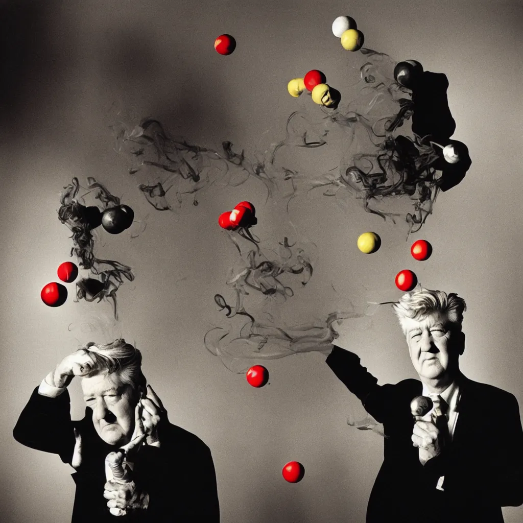 Image similar to award winning photo of david lynch smoking and playing with BALLS, vivid colors, happy, symmetrical face, beautiful eyes, studio lighting, wide shot art by Sally Mann & Arnold Newman