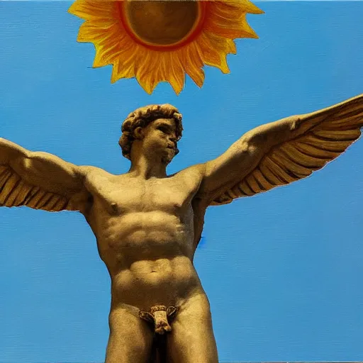 Image similar to icarus and sun, hyperrealistic image, reastically, bokeh, rome painting