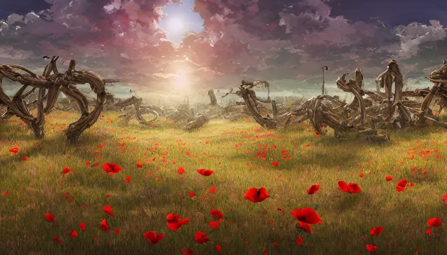 Prompt: the beautiful, dreamy, panoramic view of dead calvary soldiers on a field and rocks red poppies at dusk. my soldiers, rage! hyperrealistic anime background illustration by kim jung ki, colorful, extremely detailed intricate linework, smooth, super sharp focus, bright colors, high contrast, matte, octopath traveler, unreal engine 5 highly rendered, global illumination, radiant light