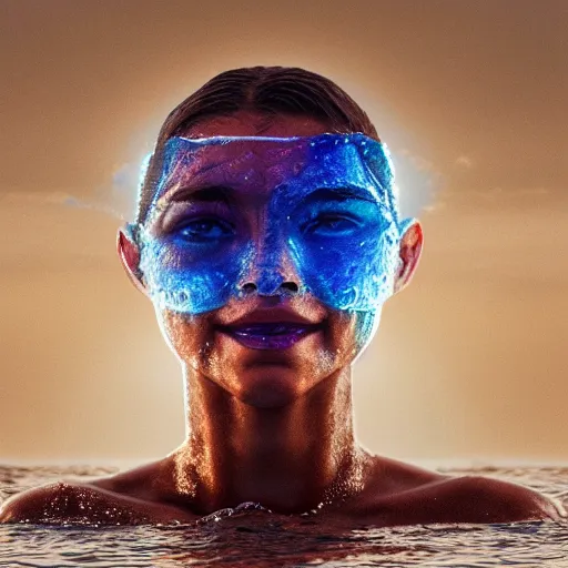 Image similar to water artwork manipulation in the shape of a human head, on the ocean water, ray tracing, realistic water sharp focus, long shot, 8 k resolution, cinematic, amazing water art, hyper - realistic