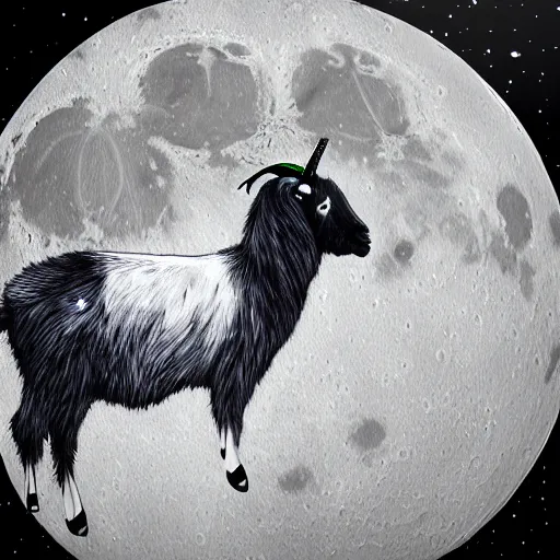 Image similar to a realistic sketch of a moon holding a goat in space, cinematic, drawing,