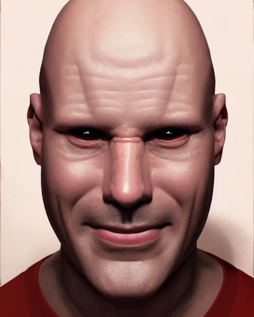 Image similar to portrait of a 4 0 - year - old bald man without nose, with a white complexion, cat - like scarlet eyes,, and a thin mouth, hyper realistic face, beautiful eyes, character art, art by mark brooks, hyperdetailed, cryengine, trending on artstation, digital art