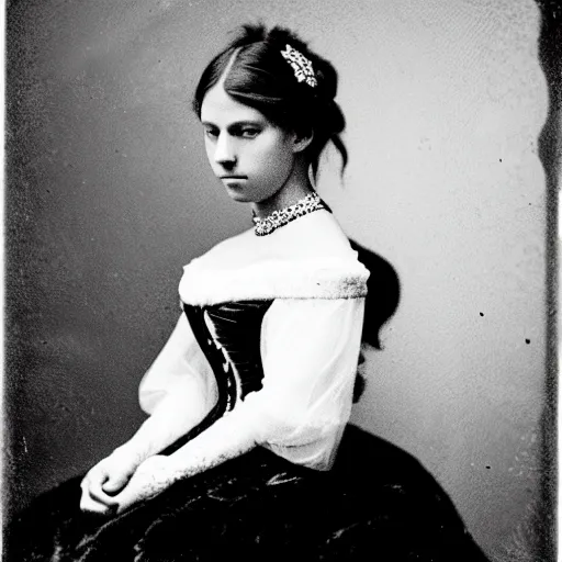 Image similar to clear photography of a beautiful princess sitting down, circa 1 8 6 3