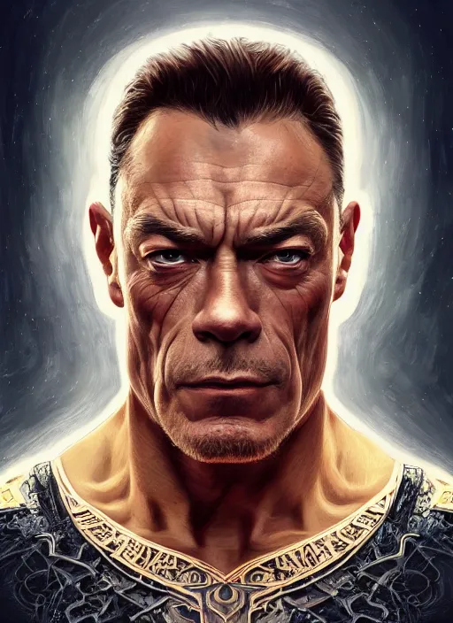 Image similar to symmetry!! jean claude van damme, machine parts embedded into face, intricate, elegant, highly detailed, digital painting, artstation, concept art, smooth, sharp focus, illustration, art by artgerm and greg rutkowski and alphonse mucha, 8 k