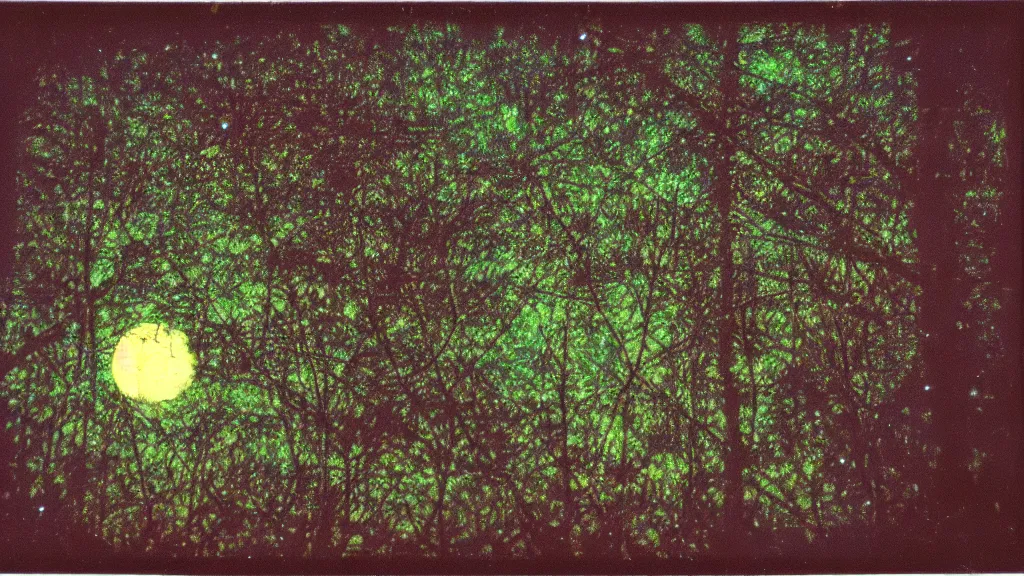 Image similar to (psychedelic) polaroid of a mystical night sky with a perfect huge moon, A glimpse through a small gap in the dark green foliage and overgrowth and the trees of the huge gibbous moon in a dark sky, wreathed in red smoke!!, starlight, night-time, dark enclosed, cozy, quiet forest night scene, spangled