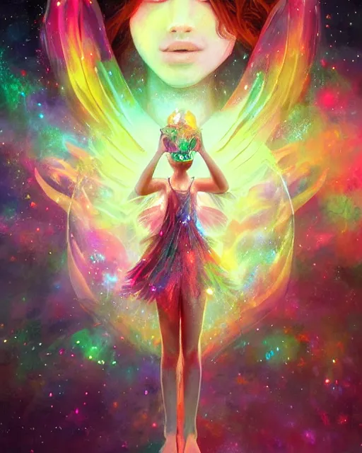 Image similar to a detailed image of an attractive!!!! girl with psychedelic! fairy wings holding a crystal containing all of reality and galaxies, by greg rutkowski artgerm ross tran ilya kuvshinov. 7 0 mm, volumetric lighting, digital art, subtle and detailed