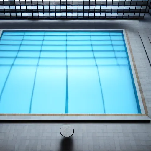 Image similar to a very large empty pool, liminal space, white and blue, no ceiling, sharp shadows, octane render, sharp focus