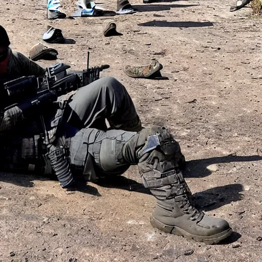 Prompt: Special Forces soldier in grey uniform with black body armor lies dying with a missing leg after stepping on a mine in 2022, photo by Adam Ferguson, Pulitzer Winning, cinematic composition, breathtaking, modern, 2022