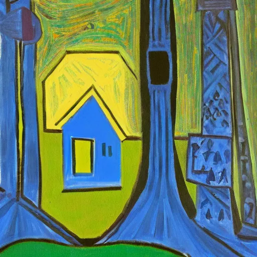 Prompt: a painting of a Eerie cabin in the middle of the woods in the style of Pablo Picasso