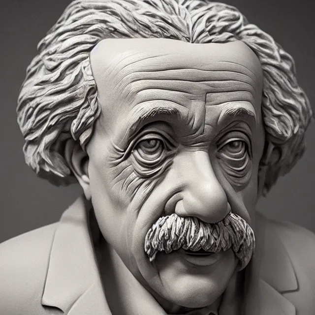 Prompt: photography of a sculpture of Albert Einstein made of clay by Sebastian Kruger and Michelangelo, 50mm, studio atmosphere, 8K, rim light, octane render, ultra-realistic