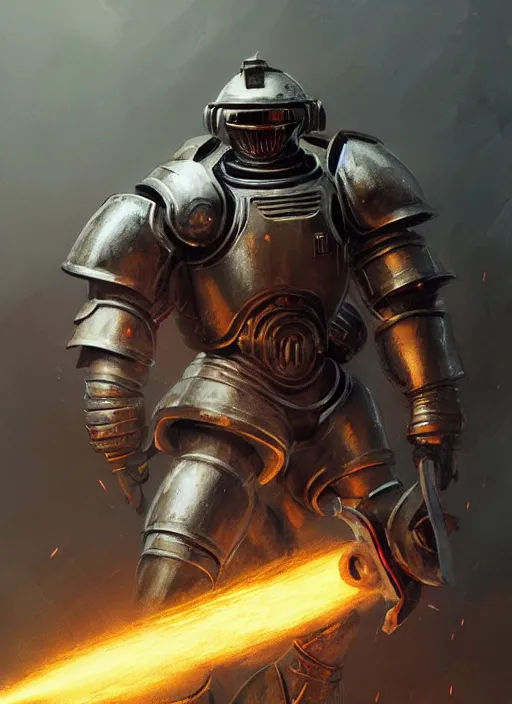 Image similar to medieval knight power armour, concept art, space marine, medieval, highly detailed, cinematic lighting, sparks, digital art painting by greg rutkowski