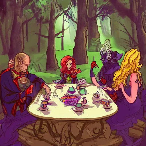 Prompt: the necromancer having a tea party with the paladin in a forest