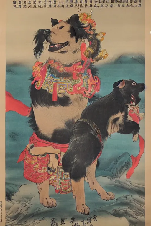 Prompt: chinese propaganda poster with dog as a god as the centerpiece, detailed face, gorgeous, amazing, flowing hair, very muscular male body